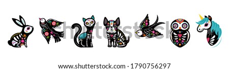 Day of the dead, Dia de los muertos, animals skeletons collection, dog, bird, unicorn, bunny and cat skulls and skeleton decorated with colorful Mexican elements and flowers. Fiesta, Halloween