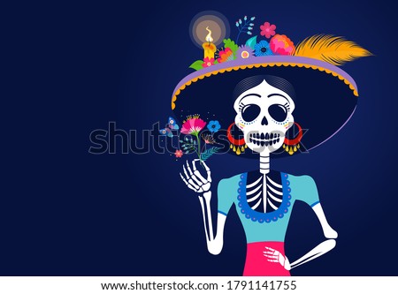 Dia de los muertos, Day of the dead, Mexican holiday, festival. Woman skull with make up of Catarina with flowers crown. Poster, banner and card with sugar skull