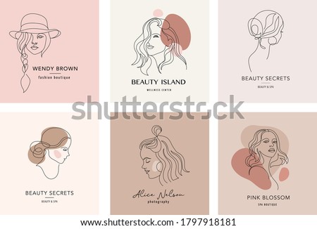 Vector logo and branding design templates in minimal style, for beauty center, fashion studio, haircut salon and cosmetics - female portrait, beautiful woman's face 