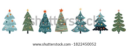 Collection of Christmas trees. Colorful vector illustration in flat cartoon style