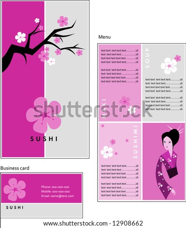 Template designs of menu and business card for coffee shop, SUSHI BAR and Japanese restaurant, vector file include