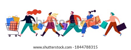 People carrying shopping bags collection. Happy men and women taking part in seasonal sale at store, shop, mall and online. Cartoon characters on white background