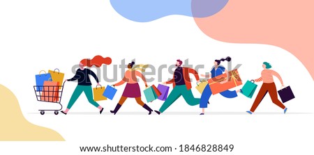 People carrying shopping bags collection. Happy men and women taking part in seasonal sale at store, shop, mall and online. Cartoon characters on white background