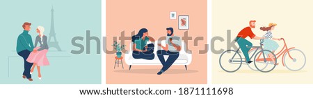 Collection of man and woman cartoons - romantic couple dating. Couples sitting at home or in a coffee shop walking Paris or riding bikes. Flat cartoon colorful vector illustrations