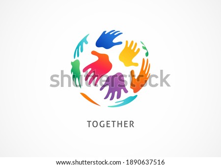 Colorful hands, arrange in circle, create new world concept design, logo template, symbol, abstract icon 