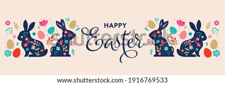 Happy Easter, decorated easter card, banner. Bunnies, Easter eggs, flowers and basket. Folk style patterned design. 