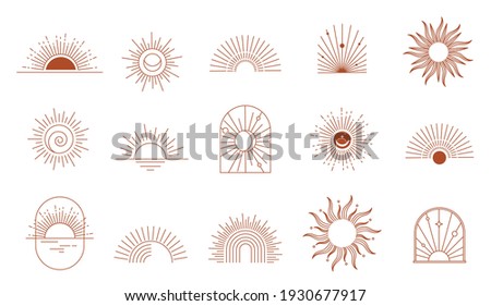 Bohemian linear logos, icons and symbols, sun, arc, window design templates, geometric abstract design elements for decoration. 