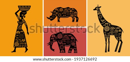 Africa banner with elements - patterned giraffes, elephant, woman and rhino horn, black and white tribal banner