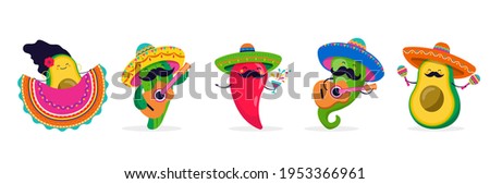Cinco de Mayo - May 5, federal holiday in Mexico. Fun, cute characters as chilli pepper, avocado, cactus playing guitar, dancing and drinking tequila. Mexican icons and logo elements set.