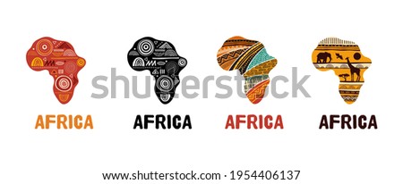 Africa patterned map, collection of logo design. Banner with tribal traditional grunge pattern, elements, concept design. Vector illustration