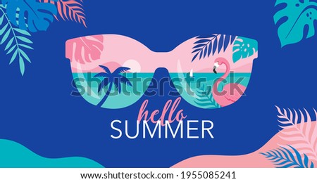 Summer fun concept design. Creative background of landscape, panorama of sea and summer beach on sunglasses. Summer sale, post template