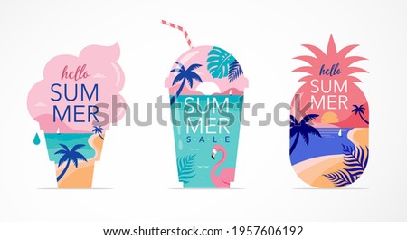 Summer time fun concept design. Creative background of landscape, panorama of sea and beach on pineapple, ice cream and smoothie shake glass. Summer sale, post template