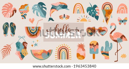 Bohemian Summer, modern summer illustrations and design of rainbow, flamingo, pineapple, ice cream and watermelon 
