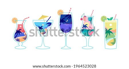 Summer fun concept design with cocktails. Creative background of landscape, panorama of sea and beach on cocktail glasses. Summer sale, post template