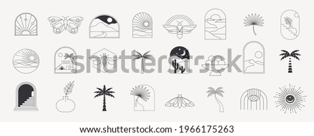 Bohemian linear logos, icons and symbols, sun, palms, landscapes design templates, geometric abstract design elements. Modern minimalist Boho style for social media posts, stories, art boutique