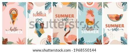 Bohemian Summer, set of modern summer sale story template designs with rainbow, flamingo, pineapple, ice cream and watermelon 
