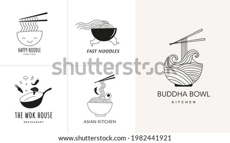 Asian food, restaurant logo collection, hand drawn illustration, logos of Chinese, Thai, Japanese dishes, ric, noodles bowls