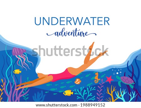 Woman diving with wild marine animals in ocean. Sea world, cute underwater creatures, coral reef, undersea fauna of tropics
