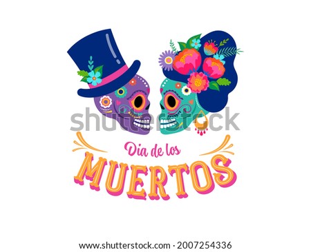 Day of the dead, Dia de los muertos with in love couple, Mexican wedding concept, woman and man skulls , banner with colorful Mexican flowers. Fiesta, Halloween holiday poster, party flyer, funny