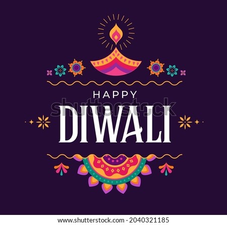 Happy Diwali Hindu festival banner, greeting card. Burning diya illustration, background for light festival of India