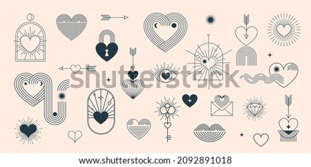 Minimalist Bohemian Valentine's day elements, art linear symbols and icons, heart, lips, sun and rainbow, design templates, geometric abstract design elements for decoration