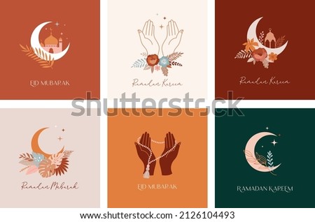 Collection of modern style Ramadan Mubarak greeting cards with retro boho design, praying hands, moon, mosque dome and lanterns 