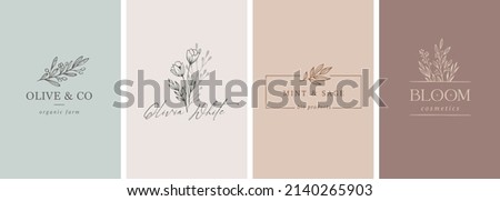 Elegant, botanique logo collection, hand drawn illustrations of flowers, leaves and twig, delicate and minimal monogram design Photo stock © 