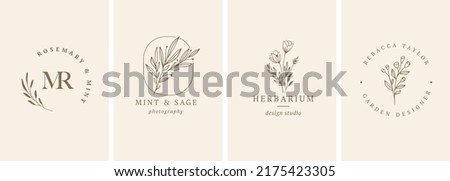Collection of Botanical Minimalistic, Feminine Logos with Organic Plant Elements. Vector illustration