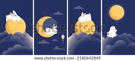 Mid Autumn Festival Concept Story Design with Cute Rabbits, Bunnies and Moon Illustrations. Chinese, Korean, Asian Moon festival celebration