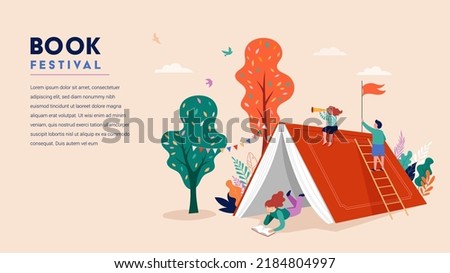 Book festival and fair concept. Little girl reading in the open huge book, opened as a home. Fantasy, adventures and Imagination concept design. Vector illustration, poster and banner 