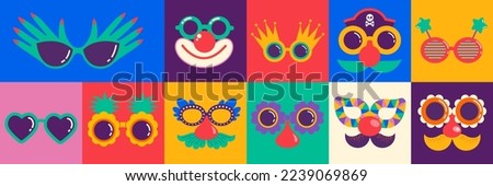 Quirky, funny and Groucho nose glasses. Carnival, Purim, festival masks, costumes parts. Colorful vector elements 