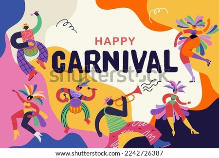 Happy Carnival, Brazil, South America Carnival with samba dancers and musicians. Festival and Circus event design with funny artists, dancers, musicians and clowns. Colorful background with splashes