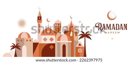 Boho Islamic Ramadan Kareem banner, poster design. Mosque, moon, dome and lanterns. Minimalistic illustrations