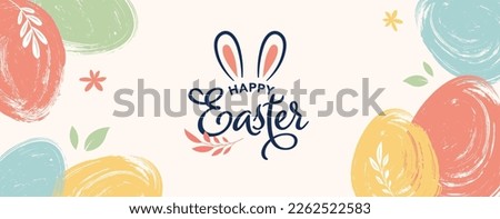 Happy Easter. Bunnies, eggs and flowers. Modern style design, pastel colors