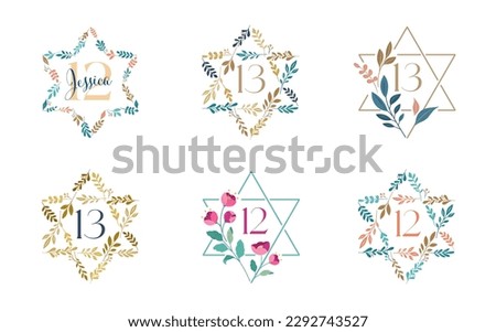 Jewish symbol. Star of David with leaves, flowers collection. Bat and Bar Mitzvah concept design