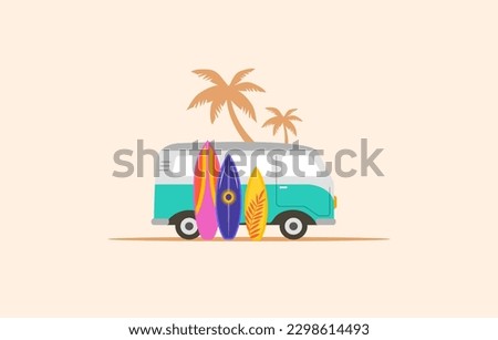 Surfing time summer fun concept. Vintage blue surf van, retro bus, with surfboards and palm trees on background 