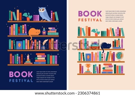 Bookshelf concept illustration for book festival and fair. A lot of books on the shelf, clock, cat, plant and globe