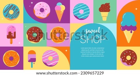 Donuts colorful pastel icons, graphic elements and illustrations collection. Sweet summer fun series. Vector banner and poster design.