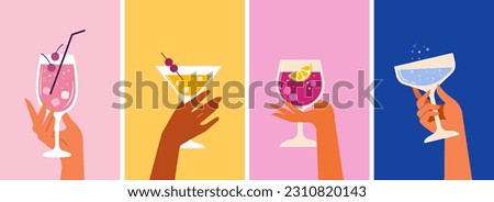 Modern flat summer party poster and social media story design templates. Colorful backgrounds with hands holding cocktail glasses. Celebration poster concept and web banner. Vector illustration.