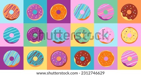 Donuts colorful pattern, banner background, icons and illustrations collection