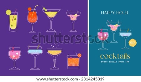 Modern flat summer cocktails collection. Colorful background with cocktail glasses. Summer fun celebration concept poster and web banner. Vector illustration