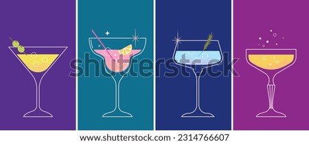 Modern flat summer cocktails collection. Colorful background with cocktail glasses. Summer fun celebration concept poster and web banner. Vector illustration