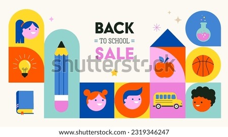 Vibrant Color Back To School background concept design. Geometrical flat style illustration, banner and poster. Kids, school supplies, backpack and yellow bus vector illustration