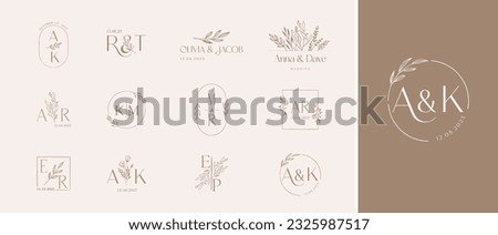 Wedding logos, hand drawn elegant, delicate and minimalist monogram collection. Botanical vector design