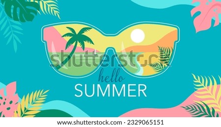 Summer fun concept design. Creative background of landscape, panorama of sea and summer beach on sunglasses. Summer sale, post template with jungle leaves frame. Vector illustration