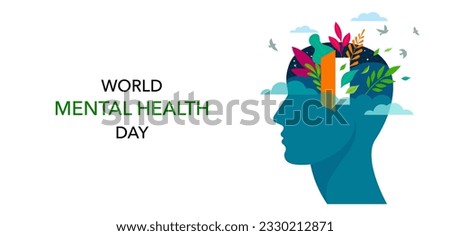 World Mental Health day, concept design with abstract human head profile, flowers, leaves and open door. Concept design. Vector Illustration 