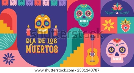 Dia de los muertos, Day of the dead, Mexican holiday, festival. Vector poster, banner and card in modern geometrical style, with skulls, church, guitar and flowers. Vector illustration