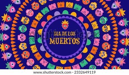Dia de los Muertos, Day of the dead abstract Mexican background with circles of garlands, paper decorations and flowers. Vector illustration 