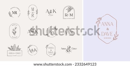 Wedding logos, hand drawn elegant, delicate and minimalist monogram collection. Botanical vector design