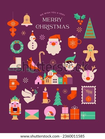 Merry Christmas cute modern minimalist style elements, illustrations collection. Santa, Christmas decorations, Christmas tree, Gift boxes and more. Vector design